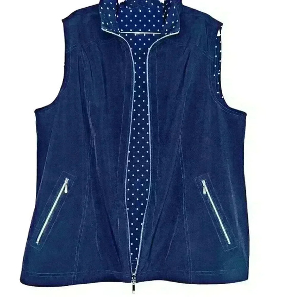 Women's Sz L Reversible Sleeveless Full Zip Vest Blue Polka Dot Golf Hiking - Picture 1 of 16